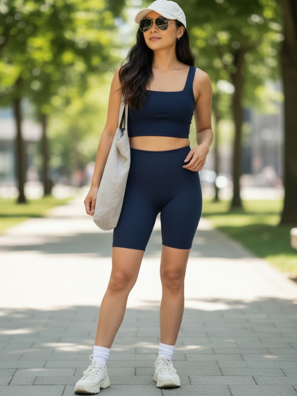 Girlfriend Collective Tommy Ribbed Square-Neck Sports Bra in Navy M